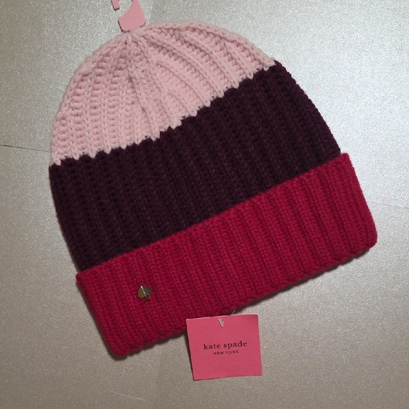 kate spade Accessories - Kate Spade Pink and Burgundy Color Block Beanie